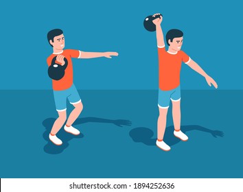 Athletic kettlebell training. Man pushes kettlebell. Weight Exercise. Vector isometric illustration.