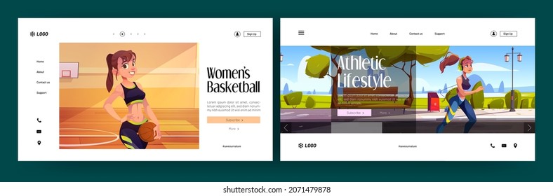 Athletic lifestyle and women basketball cartoon landing pages. Girl with ball in hand stand in school gymnasium with hoop. Sportswoman morning jogging sports activity, healthy life, Vector web banner