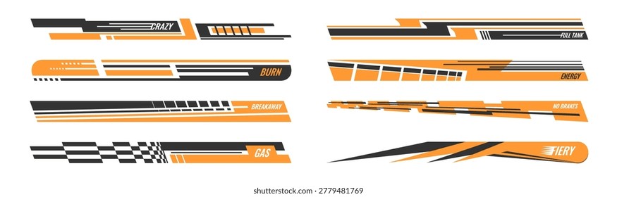 Athletic livery stickers. Orange black speed stripe decal set car wrap, motorcycle graphics. Vector motorsport elements cool template design isolated white background