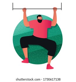An athletic male athlete does pull-UPS on the crossbar. Dressed in a t-shirt and shorts. Vector illustration of strength exercises