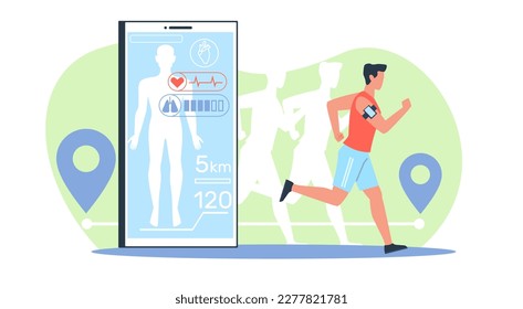 Athletische männliche Athleten laufen mit einer App auf einem modernen Handy. Smartphone-Fitness-Anwendung. Mann mit Pulsspur. Cartoon-Flachbild-Illustration. Vektor-Konzept eines gesunden aktiven Lebensstils