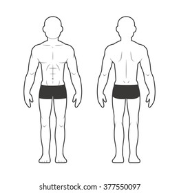 Athletic male body chart. Muscular man silhouette from front and back. Isolated vector illustration.