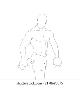 Athletic male body Silhouette Outline Drawing. man doing fitness exercises Fitness guy with dumbbells Black Line Sketch on white background. Gym man holing a dumbbells in Continuous Line Art Drawing
