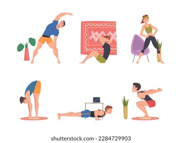 Athletic Male and Female Character Exercising Fitness at Home Vector Set