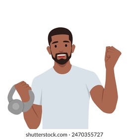 Athletic male lifting kettlebell demonstrate power. Flat vector illustration isolated on white background