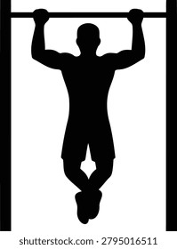 Athletic male silhouette performs a pull up exercise on a horizontal bar in this minimalist black and white vector graphic design icon element.
