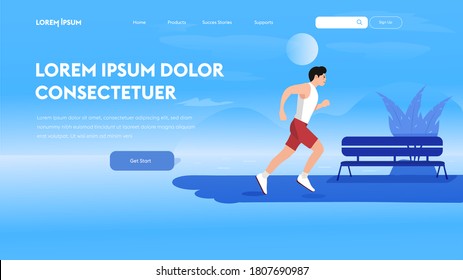 Athletic man actively doing sports. Sports modern web interface.  template of flyer, web banner, ui header, enter site. Invitation concept background. Layout illustration modern slider