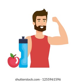 athletic man with apple and water bottle