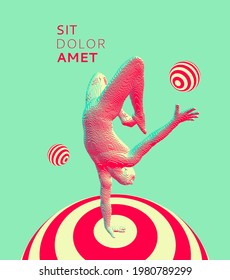 Athletic man balancing himself in a handstand on top of a striped ball. Voxel art. 3D vector illustration.