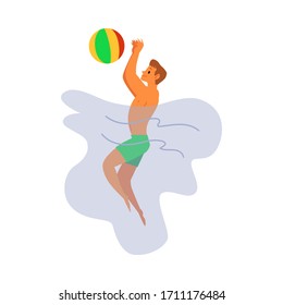 Caricatura atlética masculina jugando con pelota en agua, ilustración vectorial plana aislada en fondo blanco. La actividad del waterpolo y la diversión del verano.