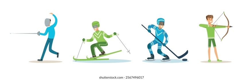 Athletic Man Character Enjoy Sport Activity Vector Set