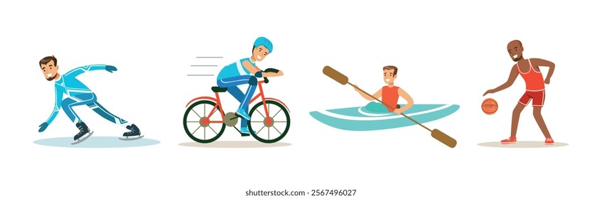 Athletic Man Character Enjoy Sport Activity Vector Set