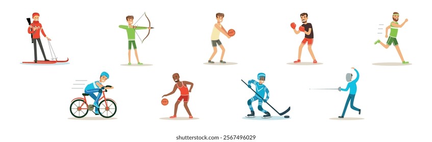 Athletic Man Character Enjoy Sport Activity Vector Set