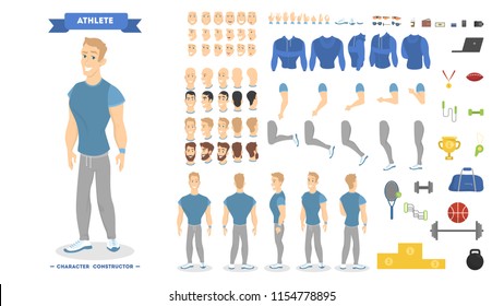 Athletic man character set for animation with various views, hairstyles, emotions, poses and gestures. School equipment set. Isolated vector illustration