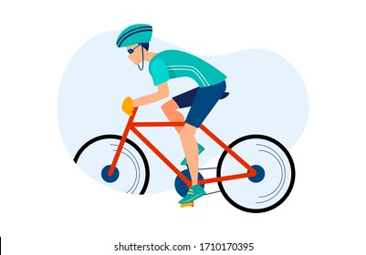 Athletic man cycling outdoors. Athlete riding bike, hardhat, race flat vector illustration. Sport, activity, lifestyle concept for banner, website design or landing web page