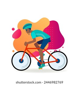 Athletic man cycling outdoors. Athlete riding bike, hardhat, race flat vector illustration. Sport, activity, lifestyle concept for banner, website design or landing web page