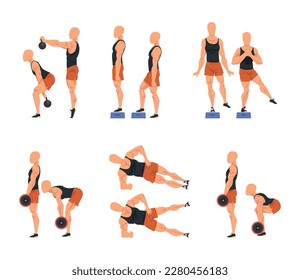 Hombre atlético haciendo ejercicios en el gimnasio. Personaje atleta masculino haciendo dibujos animados físicos vectoriales