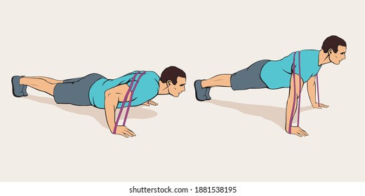 Athletic Man Doing Push Ups Using Resistance Rubber Band, Vector Image