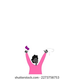 Athletic Man Drawing Standing On Raising Both Hands with Flag. Gentleman Design Stands On Race Tracks With Raised Hand Showing Celebration and Waving.