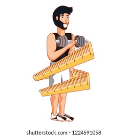 athletic man with dumbbell and measuring tape