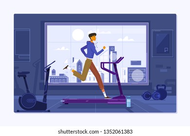 Athletic man during training on a treadmill.Workout and training jogging, exercise on treadmill vector