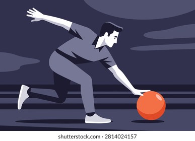 Athletic man in a dynamic pose releases a bright orange bowling ball down the lane at a bowling alley during a game.
