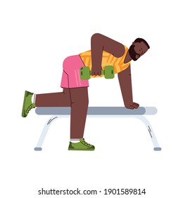 Hombre atlético levantando campanas de púas apoyándose en el banco de poder, ilustración del vector de dibujos animados aislada en fondo blanco. Caricatura deportiva o deportista en el gimnasio.