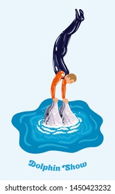 ATHLETIC MAN MAKES A RACK ON HANDS BASED ON 2 DOLPHINS IN THE WATER