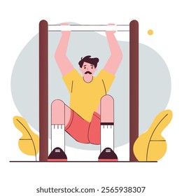 An athletic man with a mustache pulls himself up on a bar. Cartoon vector illustration in flat art style