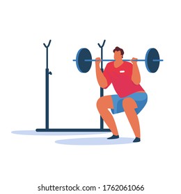 Athletic man on training apparatus engaged in physical exercise. Person exercising at modern gym enjoying sport activity.  Vector flat illustration.