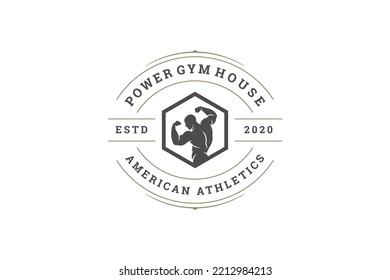Un atlético realiza biceps silueta marco geométrico círculo de fitness diseño de la plantilla de diseño del vector ilustración. Levante de fuerza para constructores de cuerpos masculinos con torso perfecto cuerpo de la compañía de gimnasia redonda emblema