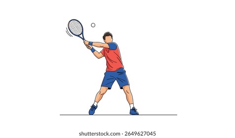 Athletic man powerfully striking a tennis ball during a competitive professional match with focused determination on the court