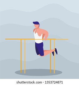 athletic man practicing exercises in bars