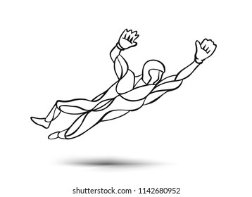 Athletic man practicing jump and field line drawing, vector illustration.