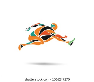 Athletic man practicing lomg jump in track and field, vector illustration.