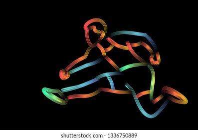 Athletic man practicing lomg jump in track and field, vector illustration.