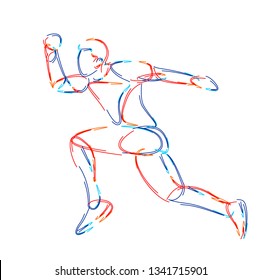 Athletic man practicing lomg jump in track and field, 3d Color line art ( RGB ) vector illustration.