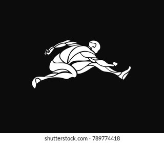Athletic man practicing lomg jump in track and field, vector illustration.