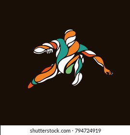 Athletic man practicing lomg jump in track and field, vector illustration.