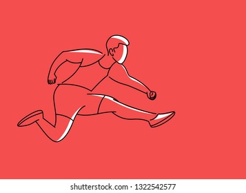 Athletic man practicing long jump in track and field, vector illustration.