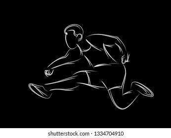 Athletic man practicing long jump in track and field, vector illustration.