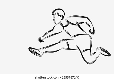 Athletic man practicing long jump in track and field Line art Design, vector illustration.