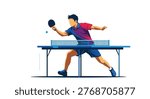 Athletic man in a purple jersey playing a fast-paced game of table tennis or ping pong with intense focus and motion.