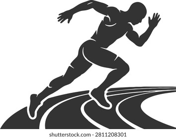 Athletic man running fast on track vector silhouette illustration