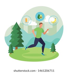 athletic man running in the landscape with healthy food