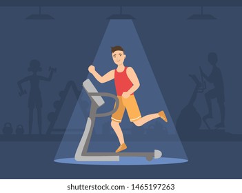 Athletic Man Running on Treadmill, Guy Doing Sport Exercises in Gym Vector Illustration