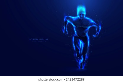 Hombre atlético corriendo. Tecnología y concepto deportivo. Mallas de polilla baja, líneas. Vector de ilustración