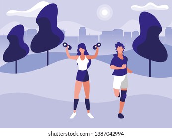 athletic man running and woman weight lifting in the park