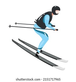 Athletic man with skis riding through snow semi flat color vector character. Posing figure. Full body person on white. Simple cartoon style illustration for web graphic design and animation