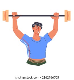 Athletic man or sportsman with barbell, flat vector isolated on white. Bodybuilding or gym personage for fitness club and sport training theme.